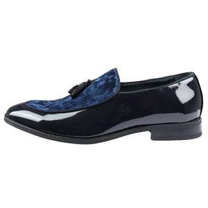 Men's Slip On Tassel Velvet Detailed Patent Loafers - Navy - Dolcetto - 1