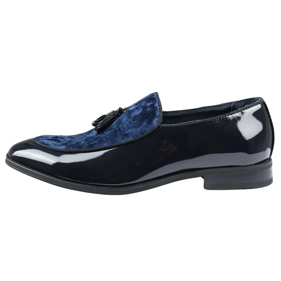 Men's Slip On Tassel Velvet Detailed Patent Loafers - Navy - Dolcetto - 1