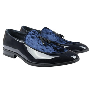 Men's Slip On Tassel Velvet Detailed Patent Loafers - Navy - Dolcetto - 2