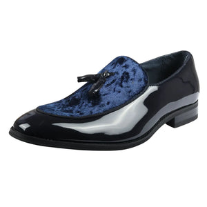 Men's Slip On Tassel Velvet Detailed Patent Loafers - Navy - Dolcetto - 3