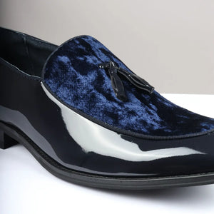 Men's Slip On Tassel Velvet Detailed Patent Loafers - Navy - Dolcetto - 5