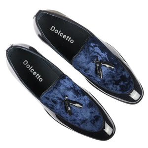 Men's Slip On Tassel Velvet Detailed Patent Loafers - Navy - Dolcetto - 6