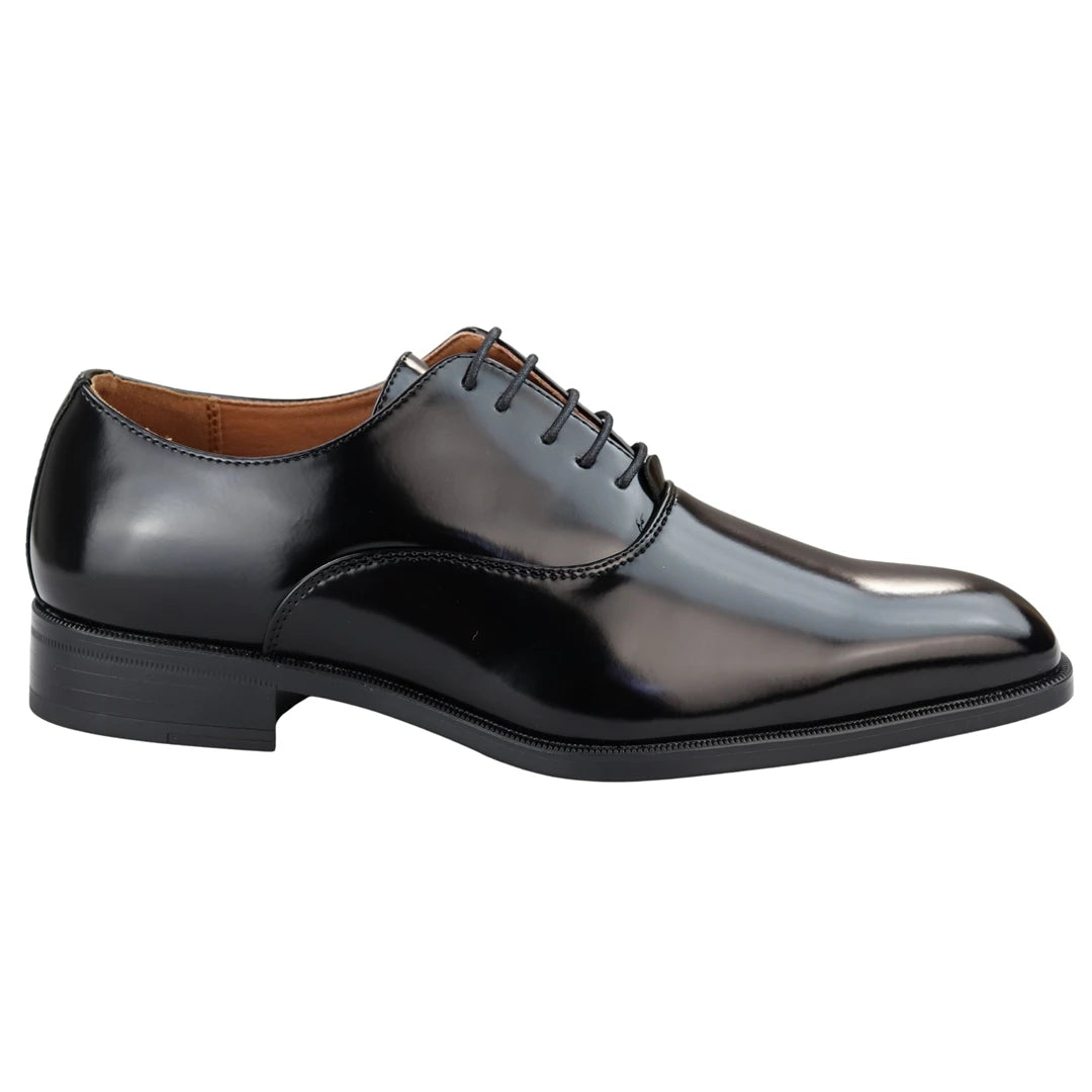 Mens Smart Formal Patent Oxford Shoes Shiny Laced Classic Round Toe Dress - Black - Elong - 1