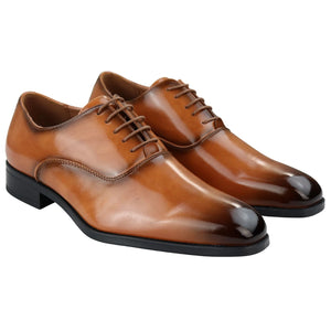 Mens Smart Formal Patent Oxford Shoes Shiny Laced Classic Round Toe Dress - Tan - Elong - 14