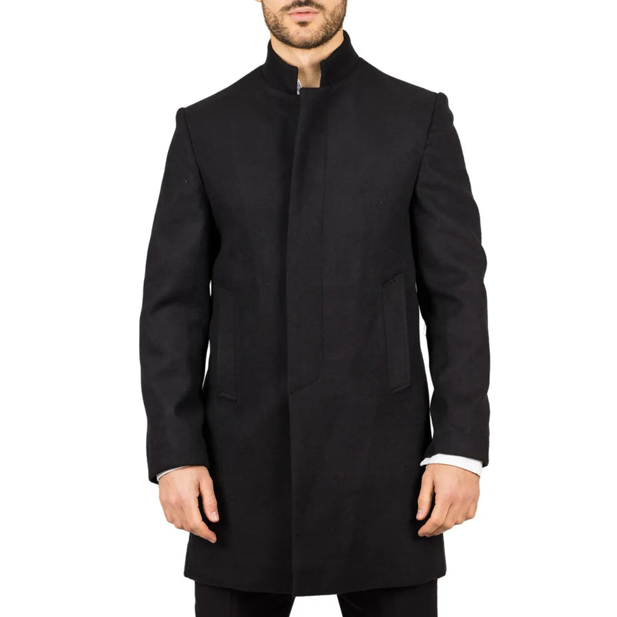 Płaszcz męski z domieszką wełny ze stójką - Czarny - TruClothing.com - 1