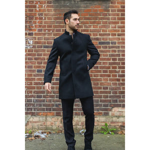 Płaszcz męski z domieszką wełny ze stójką - Czarny - TruClothing.com - 2
