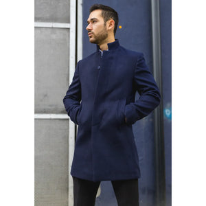 Płaszcz męski z domieszką wełny ze stójką - Granatowy - TruClothing.com - 23