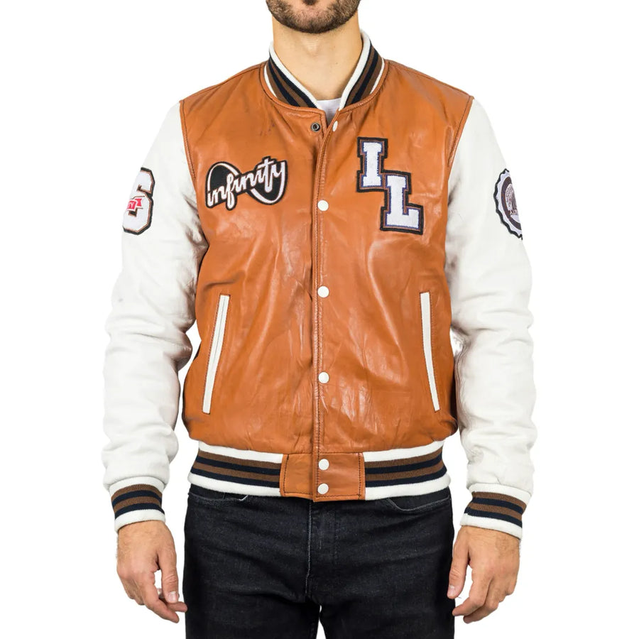 Giubbotto bomber Letterman in pelle marrone chiaro da uomo - Infinity Leather - 1