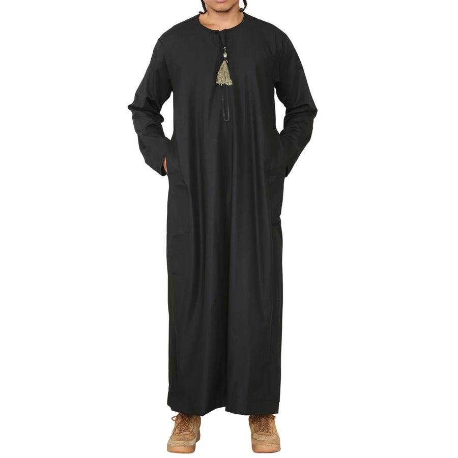 Men's Thobe Jubba Islamic Clothing Muslim Kaftan Emirati Omani Robe Arab Tassel - Black - Thobez - 1
