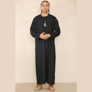 Men's Thobe Jubba Islamic Clothing Muslim Kaftan Emirati Omani Robe Arab Tassel - Black - Thobez - 3