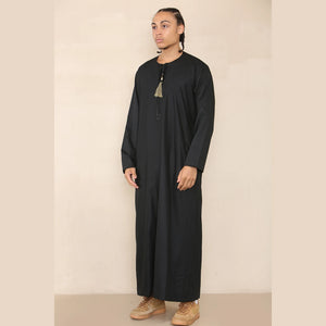 Men's Thobe Jubba Islamic Clothing Muslim Kaftan Emirati Omani Robe Arab Tassel - Black - Thobez - 5