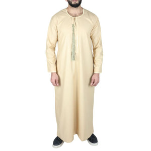 Men's Thobe Jubba Islamic Clothing Muslim Kaftan Emirati Omani Robe Arab Tassel - Cream - Thobez - 38