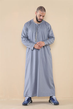 Men's Thobe Jubba Islamic Clothing Muslim Kaftan Emirati Omani Robe Arab Tassel - Grey - Thobez - 15