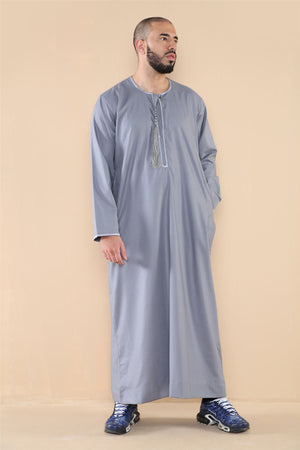 Men's Thobe Jubba Islamic Clothing Muslim Kaftan Emirati Omani Robe Arab Tassel - Grey - Thobez - 17