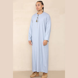 Men's Thobe Jubba Islamic Clothing Muslim Kaftan Emirati Omani Robe Arab Tassel - Light Blue - Thobez - 36