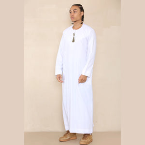 Men's Thobe Jubba Islamic Clothing Muslim Kaftan Emirati Omani Robe Arab Tassel - White - Thobez - 12