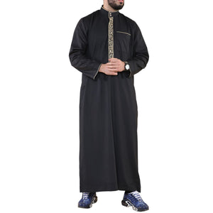 Men's Thobe Jubba Nehru Islamic Clothing Muslim Cotton Kaftan Embroidery Eid Robe - Black - Thobez - 22