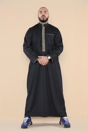 Men's Thobe Jubba Nehru Islamic Clothing Muslim Cotton Kaftan Embroidery Eid Robe - Black - Thobez - 24
