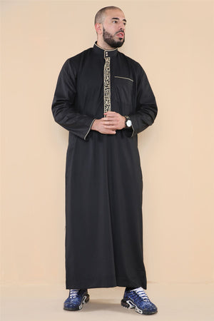 Men's Thobe Jubba Nehru Islamic Clothing Muslim Cotton Kaftan Embroidery Eid Robe - Black - Thobez - 25