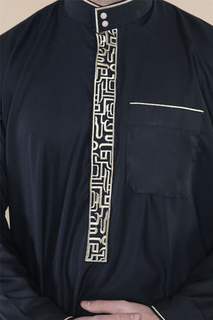 Men's Thobe Jubba Nehru Islamic Clothing Muslim Cotton Kaftan Embroidery Eid Robe - Black - Thobez - 26