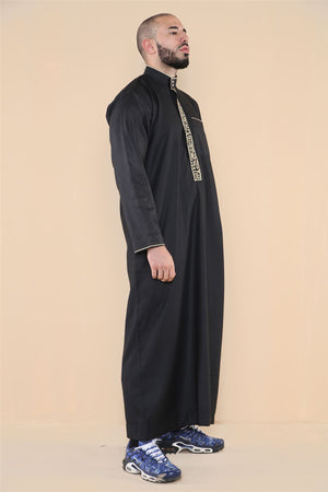 Men's Thobe Jubba Nehru Islamic Clothing Muslim Cotton Kaftan Embroidery Eid Robe - Black - Thobez - 27