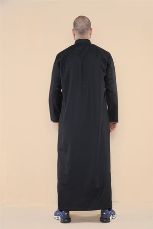 Men's Thobe Jubba Nehru Islamic Clothing Muslim Cotton Kaftan Embroidery Eid Robe - Black - Thobez - 28
