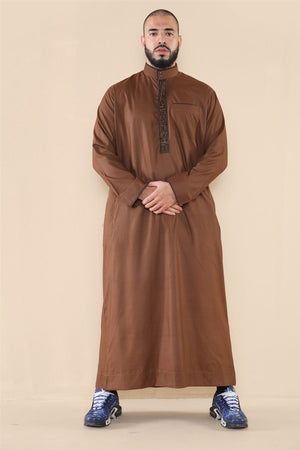 Men's Thobe Jubba Nehru Islamic Clothing Muslim Cotton Kaftan Embroidery Eid Robe - Brown - Thobez - 17