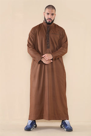 Men's Thobe Jubba Nehru Islamic Clothing Muslim Cotton Kaftan Embroidery Eid Robe - Brown - Thobez - 18