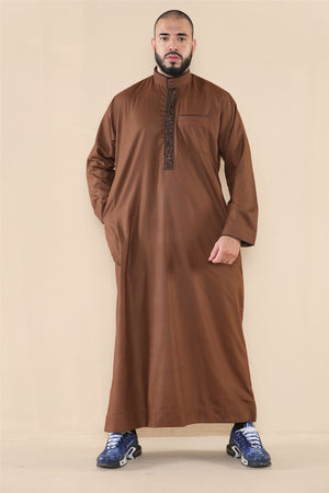 Men's Thobe Jubba Nehru Islamic Clothing Muslim Cotton Kaftan Embroidery Eid Robe - Brown - Thobez - 19