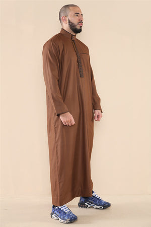 Men's Thobe Jubba Nehru Islamic Clothing Muslim Cotton Kaftan Embroidery Eid Robe - Brown - Thobez - 20