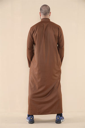 Men's Thobe Jubba Nehru Islamic Clothing Muslim Cotton Kaftan Embroidery Eid Robe - Brown - Thobez - 21