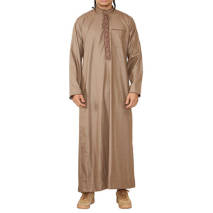 Men's Thobe Jubba Nehru Islamic Clothing Muslim Cotton Kaftan Embroidery Eid Robe - Camel - Thobez - 42