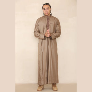 Men's Thobe Jubba Nehru Islamic Clothing Muslim Cotton Kaftan Embroidery Eid Robe - Camel - Thobez - 43