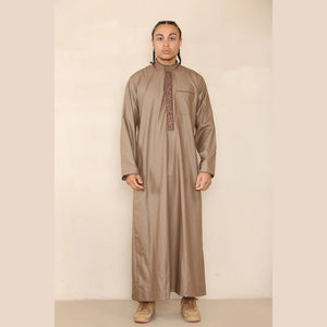Men's Thobe Jubba Nehru Islamic Clothing Muslim Cotton Kaftan Embroidery Eid Robe - Camel - Thobez - 44