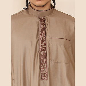 Men's Thobe Jubba Nehru Islamic Clothing Muslim Cotton Kaftan Embroidery Eid Robe - Camel - Thobez - 45