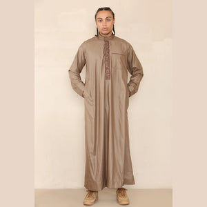 Men's Thobe Jubba Nehru Islamic Clothing Muslim Cotton Kaftan Embroidery Eid Robe - Camel - Thobez - 46