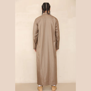 Men's Thobe Jubba Nehru Islamic Clothing Muslim Cotton Kaftan Embroidery Eid Robe - Camel - Thobez - 48