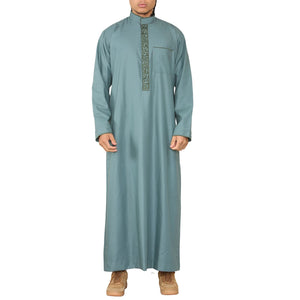 Men's Thobe Jubba Nehru Islamic Clothing Muslim Cotton Kaftan Embroidery Eid Robe - Green - Thobez - 49