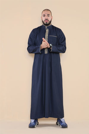 Men's Thobe Jubba Nehru Islamic Clothing Muslim Cotton Kaftan Embroidery Eid Robe - Navy - Thobez - 37