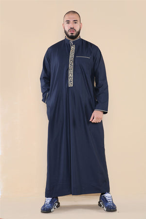 Men's Thobe Jubba Nehru Islamic Clothing Muslim Cotton Kaftan Embroidery Eid Robe - Navy - Thobez - 38
