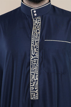 Men's Thobe Jubba Nehru Islamic Clothing Muslim Cotton Kaftan Embroidery Eid Robe - Navy - Thobez - 39