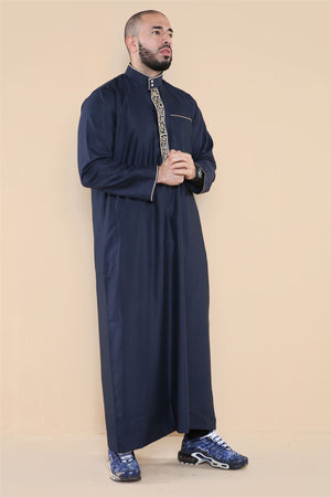 Men's Thobe Jubba Nehru Islamic Clothing Muslim Cotton Kaftan Embroidery Eid Robe - Navy - Thobez - 40