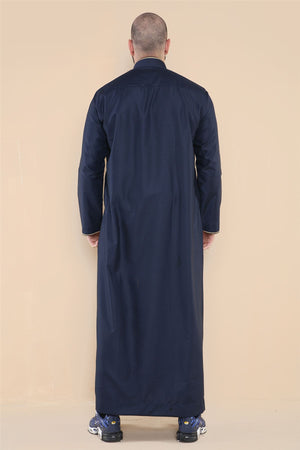 Men's Thobe Jubba Nehru Islamic Clothing Muslim Cotton Kaftan Embroidery Eid Robe - Navy - Thobez - 41