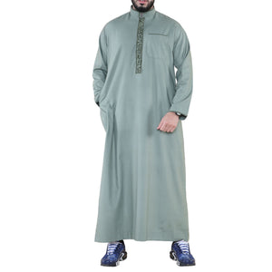Men's Thobe Jubba Nehru Islamic Clothing Muslim Cotton Kaftan Embroidery Eid Robe - Olive - Thobez - 29