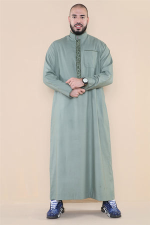 Men's Thobe Jubba Nehru Islamic Clothing Muslim Cotton Kaftan Embroidery Eid Robe - Olive - Thobez - 30