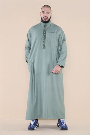 Men's Thobe Jubba Nehru Islamic Clothing Muslim Cotton Kaftan Embroidery Eid Robe - Olive - Thobez - 31