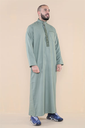 Men's Thobe Jubba Nehru Islamic Clothing Muslim Cotton Kaftan Embroidery Eid Robe - Olive - Thobez - 32
