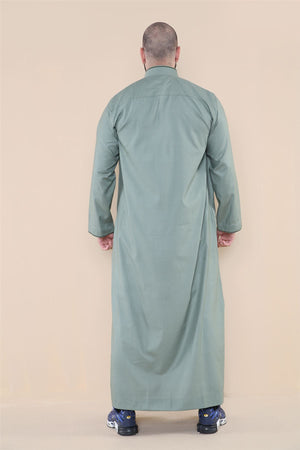 Men's Thobe Jubba Nehru Islamic Clothing Muslim Cotton Kaftan Embroidery Eid Robe - Olive - Thobez - 34