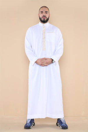 Men's Thobe Jubba Nehru Islamic Clothing Muslim Cotton Kaftan Embroidery Eid Robe - White - Thobez - 10