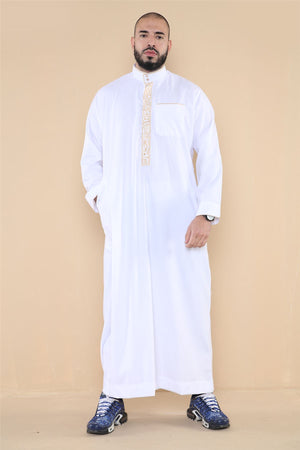 Men's Thobe Jubba Nehru Islamic Clothing Muslim Cotton Kaftan Embroidery Eid Robe - White - Thobez - 11